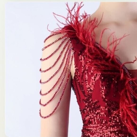 Red, Geo Print, Ostrich Feather V Neck, Beaded Sleeves, Sequined Mermaid Gown - Picture 11 of 14